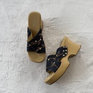 Rouge Sandals Womens Size 7 Blue Denim Wedge Slide Embroidered Studded Floral